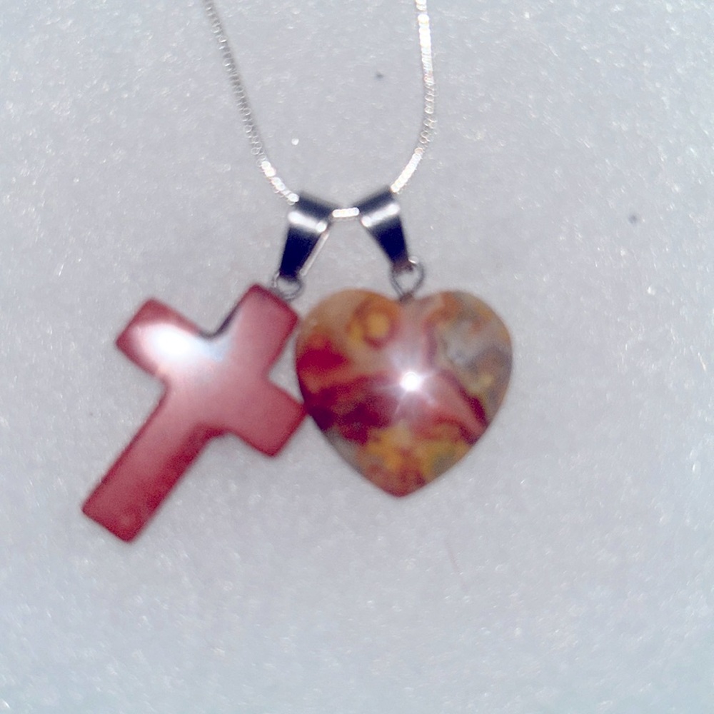 Boho Red Jasper Cross and Agate Heart Sterling Silver 16” Neckl…